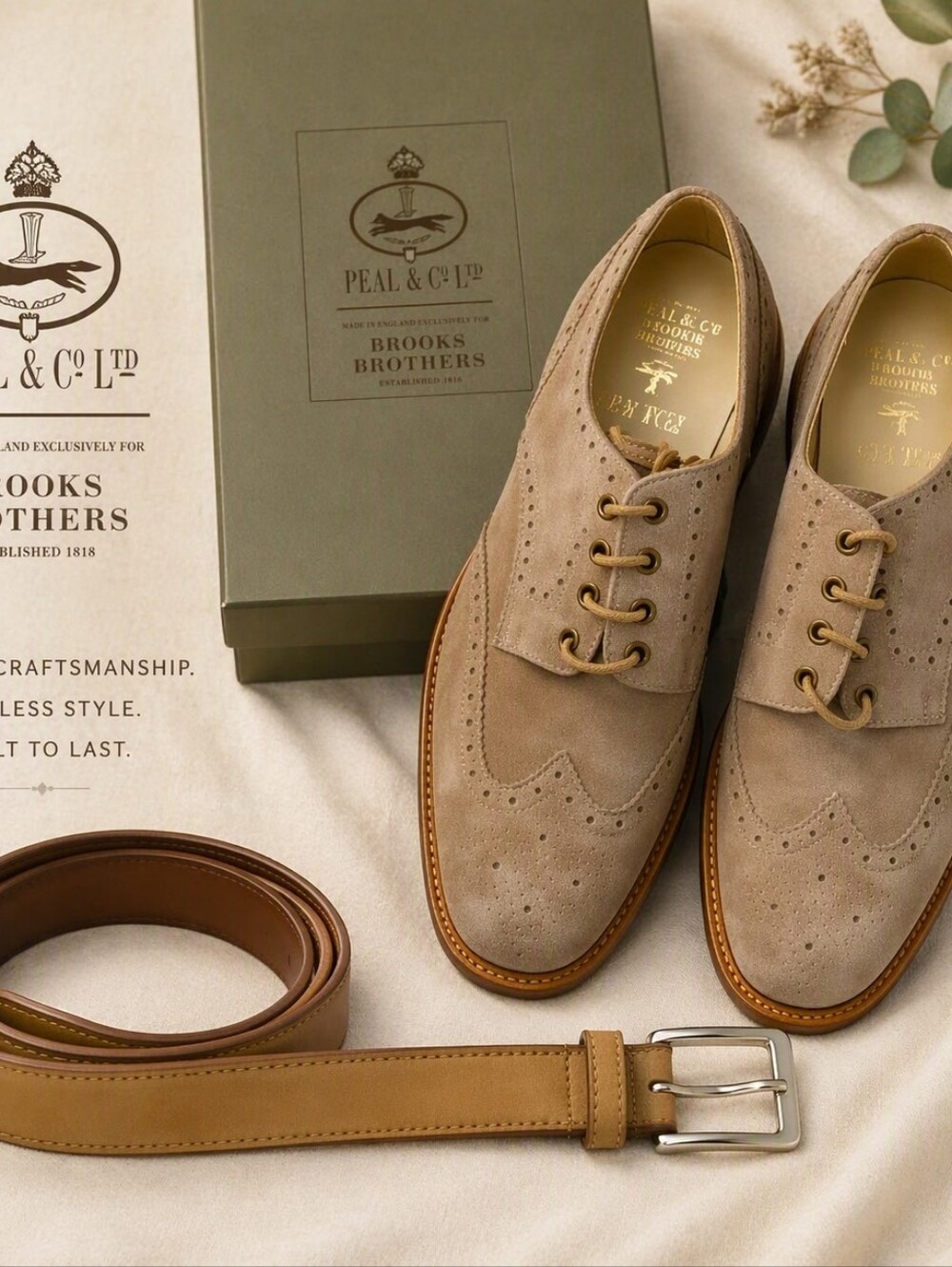 Brook's Brothers Peal & Co Suede Shoes, sz 11.5 D Color: Sand w/ Matching Belt